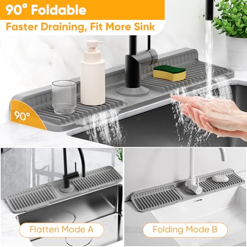 Snoquir 24'' Gray Faucet Splash Guard Mat for Kitchen Sink Water Splash Prevention