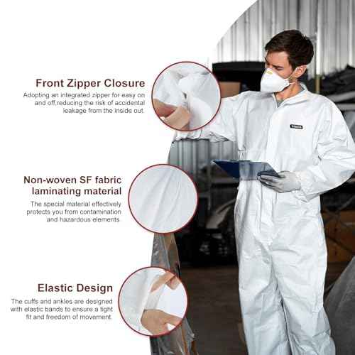 Hazmat Suit Disposable Coverall | Heavy Duty Full Body Painters Suit in 7 Sizes with Multiple Specifications for Men & Women Without Hood - Breathable & Water Resistant - Large, White, 1