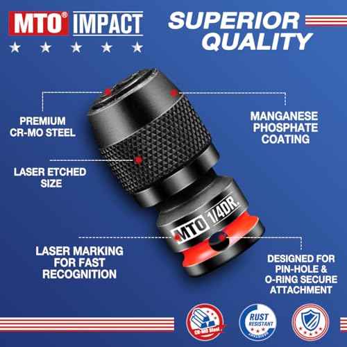 MTO 1/4-Inch Square Drive to 1/4-Inch Hex Socket Adapter, Quick Release Impact Bit Holder, for Impact Wrench Ratchet, CR-MO