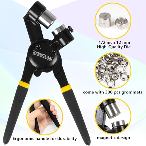 Heavy Duty Grommet Tool Kit with 1/2 Inch Die - 300 Sets of 12MM Grommets, Handheld Rivet Punch for Leather Canvas Fabric, Ergonomic Design, Magnetic Die