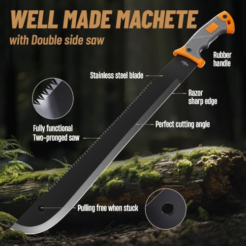 Grand Way Orange 25" Heavy Duty Survival Machete with Sheath & Serrated Blade