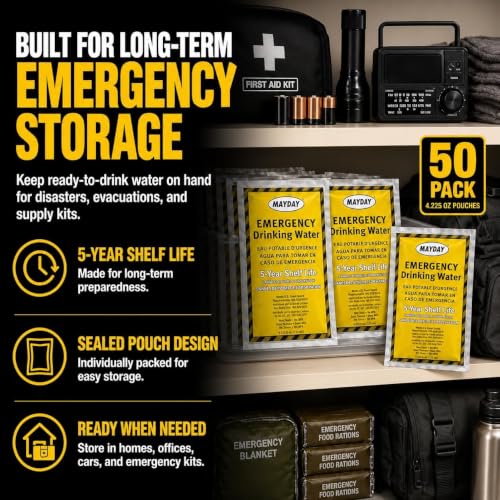Mayday Emergency Drinking Water Pack 4.2 Fl Oz x 100 Pouches, 5-Year Shelf Life