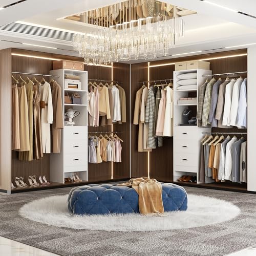 Besiost 96-Inch White Closet Organizer System with 3 Hanging Rods & Wooden Drawers - Adjustable 5-8FT Walk-In Wardrobe