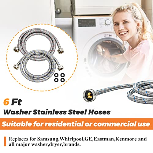 Beaquicy 6ft Stainless Steel Braided Washing Machine Hoses, Hot & Cold, 2 Pack
