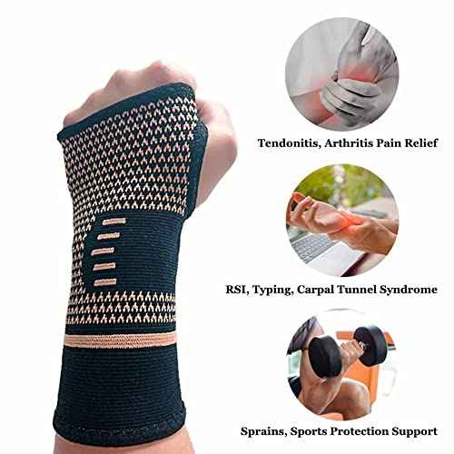 Copper Wrist Compression Sleeve, Elastic Wrist Support Sleeve Wrist Brace for Tendonitis, Arthritis, Sprains Pain Relief, Breathable Carpal Tunnel Hand Brace for Sport, Fitness, Workout, Typing