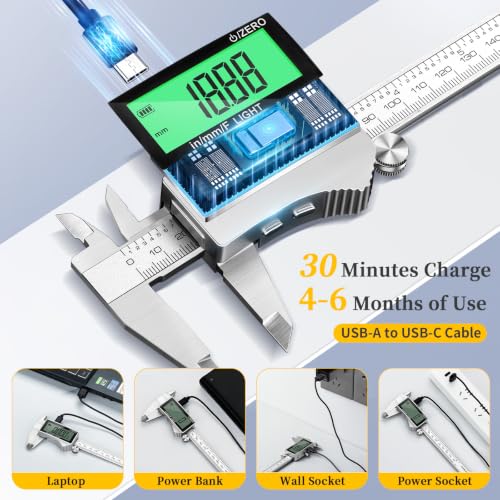 Rechargeable Digital Caliper 6 Inch, Large Backlit LCD Display