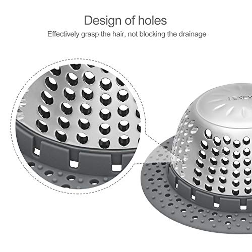 LEKEYE Gray Drain Hair Catcher for Pop-Up & Regular Drains, Stainless Steel & Silicone