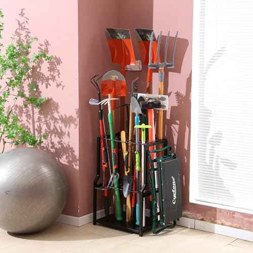 YueTong Garden Tool Organizer Heavy Duty,Yard Tool Tower Rack,Garage Storage Organization for Long Handle Tools,Rake,Brooms,Extra Hooks for Small Shovel,Shear.All Metal,Free Standing.