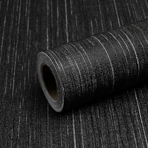 Qianglive Black Grasscloth Peel and Stick Wallpaper - 15.7"x120" Vintage Textured Removable Wall Covering