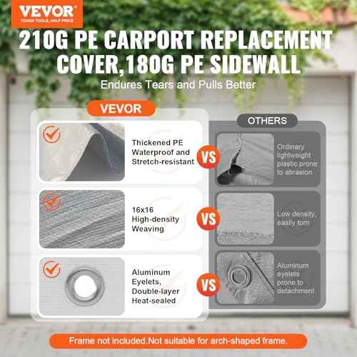 VEVOR Carport Replacement Canopy Cover Top + Side Wall 10 x 20 ft, Garage Tent Shelter Tarp Heavy-Duty Waterproof & UV Protected, Easy Installation with Ball Bungees,Grey (Frame Not Included)