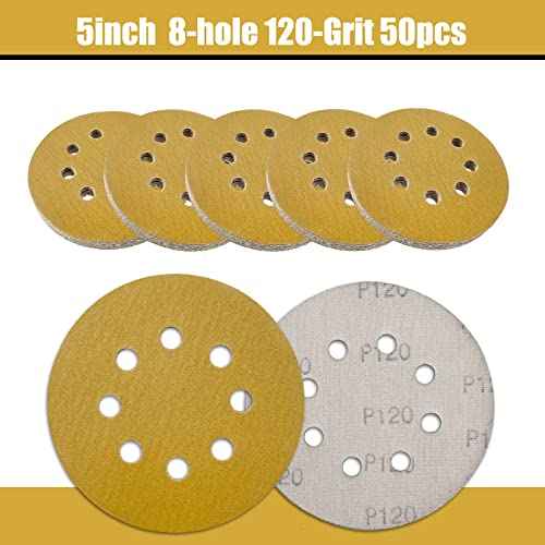 5 Inch Sanding Discs Hook and Loop, 120 Grits 8 Holes Sandpaper Round Orbital Sander Paper for Woodworking Car Boat Metal Polishing, 50pcs