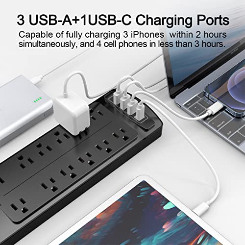 Alestor 6 Ft Black Surge Protector Power Strip with 12 Outlets & 4 USB Ports