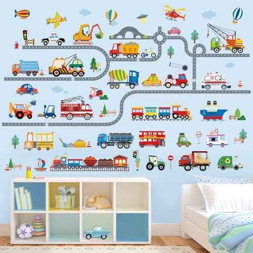 wondever Car Road Wall Stickers Transports Vehicles Truck Construction Peel and Stick Wall Art Decals for Boys Room Kids Bedroom Playroom