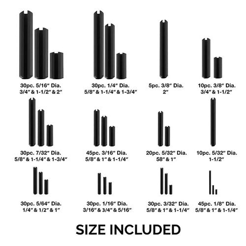 Neiko 50412A Roll Pin Assortment Set with Storage Case | 315 Pieces | SAE | Slotted Spring Steel | Black Dowel Tension Roll Pin