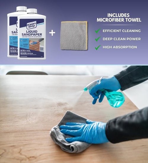 Klean Strip Liquid Sandpaper Deglosser 1 qt Bundle with Microfiber Cloth - Easy Deglosser for Painting, Cabinets, Moldings, Doors, Varnish, Enamel, and Stain Prep - No Sanding Needed - (3 Items)