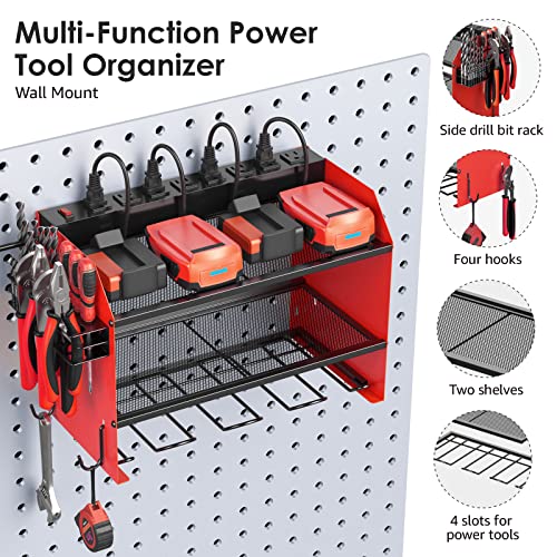 CCCEI Wall Mount Tool Charging Organizer - Red, 3-Tier, 1 Pack, with Power Strip