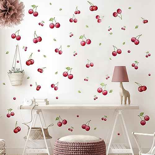 4 Sheets 96 Pieces Cherry Wall Decals Fresh Fruit Wall Stickers DIY Peel and Stick Green Leaf Cherry Wall Art Wallpaper for Bedroom Living Room Kid's Room Nursery Rental House Apartment Decoration