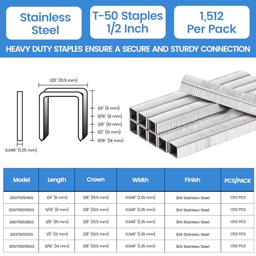 Meite T50 Stainless Steel Staples 1/2 Inch, 1512 Counts, Heavy Duty Marine & Upholstery Staples
