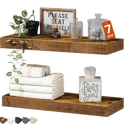 QEEIG Bathroom Floating Shelves for Wall - 15.7" Wall Mounted Shelf Over Toilet Farmhouse Home Decor Display Bookshelf Small 15.7 x 6.7 inch Set of 2, Rustic Brown (008-40BN)