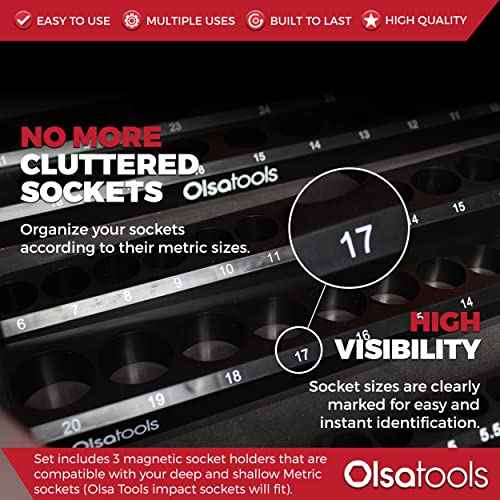 Olsa Tools Magnetic Socket Organizer | 3 Piece Socket Holder Kit | 1/2-Inch, 3/8-Inch, & 1/4-Inch Drive | Metric Black | Holds 75 Sockets | Professional-Grade