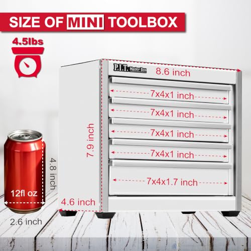 P.I.T. Mini Tool Box 5-Drawer White Metal Organizer – 8.6 x 4.6 x 7.9 in