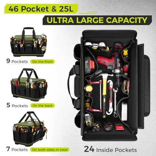 Ytonet 16-Inch Heavy Duty Tool Bag with 46 Pockets, Waterproof Organizer for Men, Green