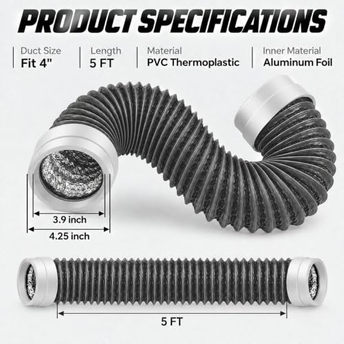 Matework 5ft 4-Inch Heavy-Duty Flexible Aluminum Dryer Vent Hose (Dark Grey) with Rubber Seals