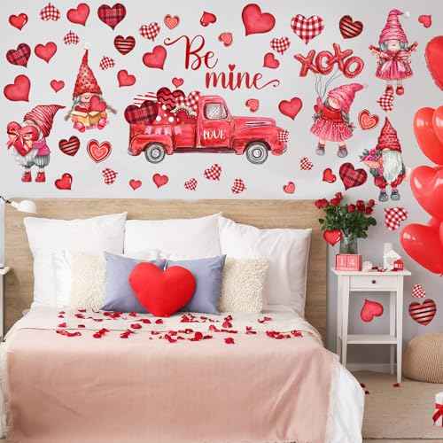 6 Sheets 54 Pieces Valentine¡®s Day Wall Decals Removable Decals Gnome Wall Stickers Love Heart Pattern Cupid Decal Valentine¡®s Day Decoration for Living Room Anniversary Party Home Decor