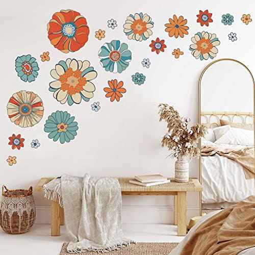 Supzone Boho Retro Floral Wall Decals Large Vintage Flower Wall Stickers Colorful Hippie Flower Wall Art Stickers for Bedroom, Living Room, Offices, Sofa, TV Backdrop Decoration