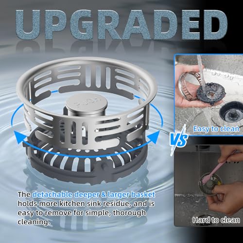 Hibbent 3-in-1 Kitchen Sink Drain Strainer with Brushed Stainless Steel Pop Up Stopper - Model 1