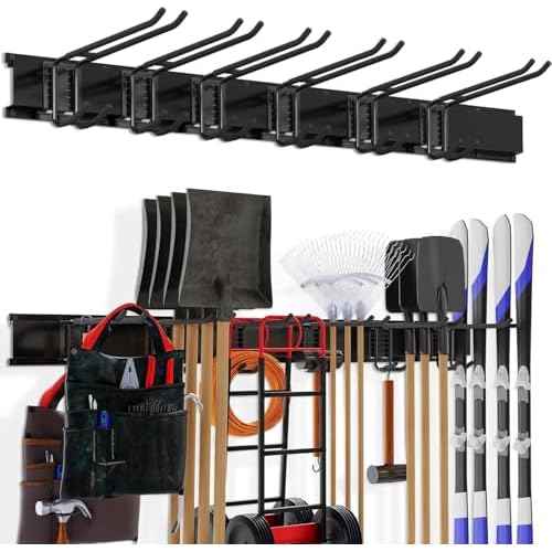 Garage Organization, Garage Tool Organizer Wall Mount with 48 inches Rails and 6 Double-layer Hooks, Tool Organizer Rack For Yard Tools, Shovel, Chair, Snowborad