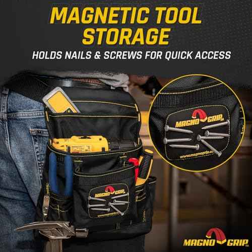 MagnoGrip 10-Pocket Tool Pouch with Magnetic Storage - Durable 1680D Ballistic Polyester, Adjustable Belt, Reinforced Rivets, Easy Access Pockets for Construction, Carpentry, and DIY Projects - Black