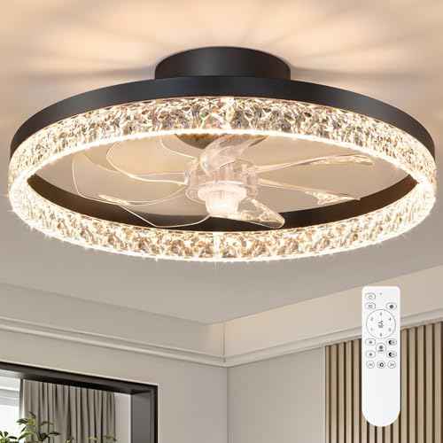 FOLKSMATE Ceiling Fan with Light and Remote, Low Profile Flush Mount Crystal Fandelier, Modern 6 Speeds Quiet Reversible, 2800-6500K Dimmable LED, Timer Fan Light for Bedroom Living Room Kitchen
