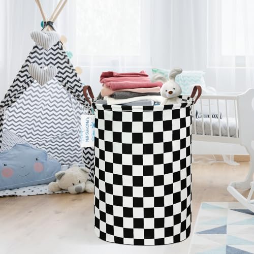 LANGYASHAN Round Collapsible Laundry Basket Hamper - Boys Nursery Racing Flag, 19.7" x 15.7"