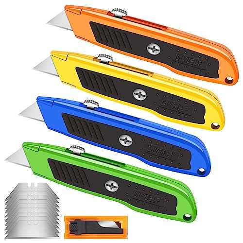 DIYSELF 4 Pack Retractable Box Cutters, Utility Knives with 10 Blades, Heavy Duty for Cardboard, Carpet, Paper