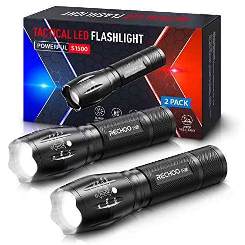 RECHOO 2 Pack LED Flashlights High Lumens - 5 Modes, Zoomable, Waterproof & Super Bright Tactical Torch for Camping, Hiking, Emergency, Home Essentials (Batteries not Included)