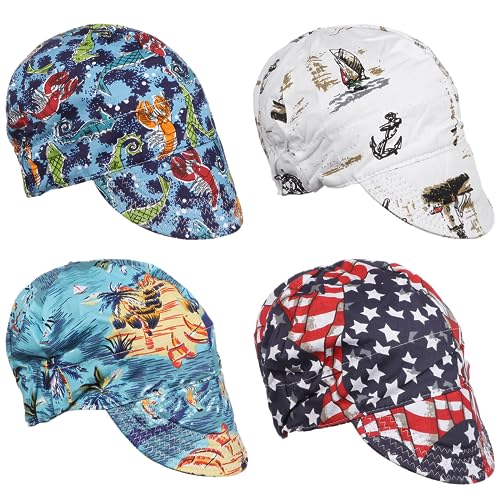 4Pcs Welding Caps, Cotton Welding Hats, Welders Caps with Sweat-absorbing Mesh Liner, Breathable Welding Hats with Elastic Ring for Welders Electricians Power Station Workers