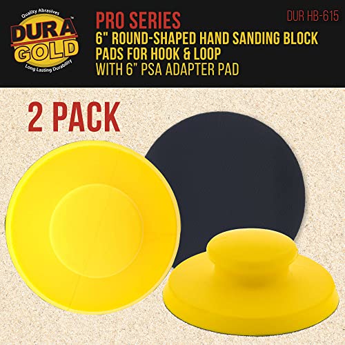 Dura-Gold Pro Series 6" Round-Shaped Hand Sanding Block Pad for Hook & Loop and PSA 6" DA Sanding Discs, 2 Pack - PSA Sandpaper Conversion Adapter Pad - Automotive Car Sand Wood Woodworking Furniture
