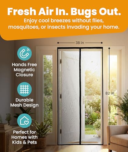 Flux Phenom Black Magnetic Screen Door 38x82 Inch - Pet & Kid Friendly, Easy Install