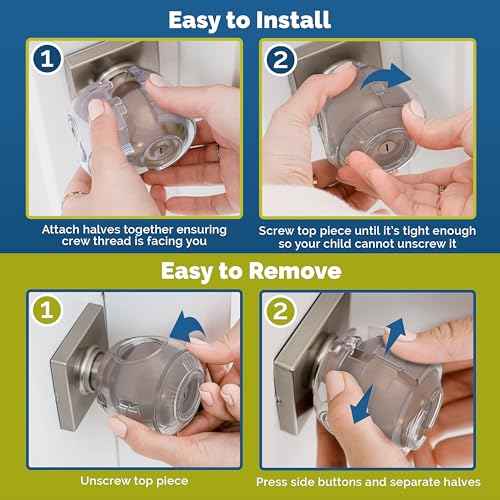 Child Safety Door Knob Cover (4 Pack) Hard-to-Remove Dual-Lock Door Handle Covers for Kids - Reusable Baby Proof Door Knob Locks - Installs Easily, No Tools Needed (Clear)