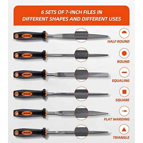 7'' Needle File Set - Carbon Steel 6-Piece With Handles, Hardened Alloy Strength Steel - Includes Flat, Flat Warding, Square, Triangular, Round, and Half-Round Files