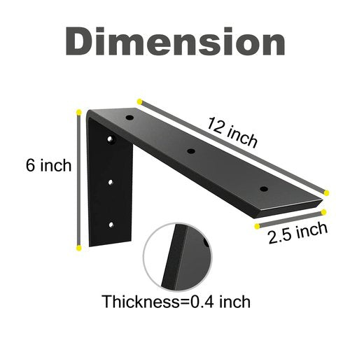 WINKER Countertop Support Bracket 2 Pack Heavy Duty Hidden L Shelf Bracket 12" x 6" x 2.5" Metal Corbels for Quartz/Granite/Wood/Concrete/Laminate Countertops, Black
