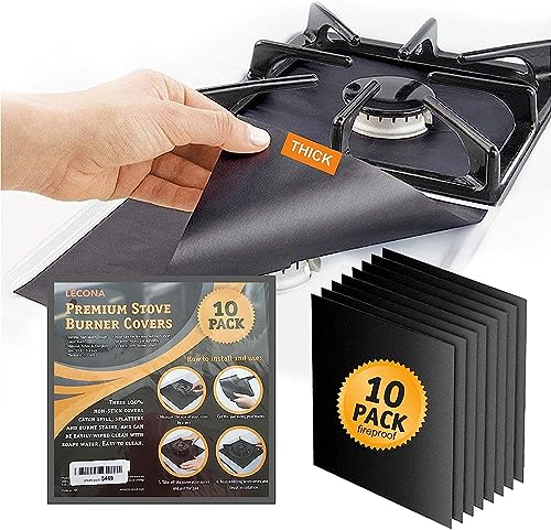 Lecona 10-Pack Gas Stove Burner Liners, Non-Stick Stovetop Protectors 10.6" x 10.6", Reusable & Dishwasher Safe