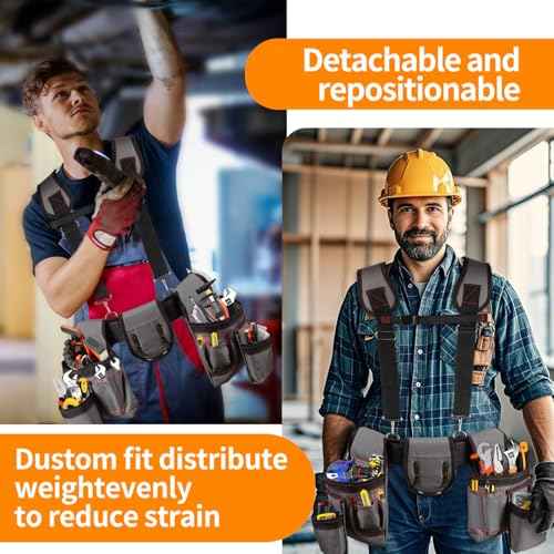 Tool Belt with Suspenders, Professional Tool Belt for Men, 18-Pocket Adjustable Heavy Duty Tool Organizer for Electrician, Carpenter, Framer, Construction Worker, Gray & Orange (32''?66'')