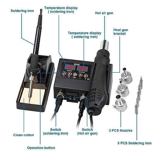 12pcs Soldering Station, 2 in 1 Hot Air Functions Digital Display Soldering Iron Soldering Kit, 8898 Portable SMD Rework Station, ¨¬C/¨¬F Cool/Hot Air Conversion and Auto Sleep