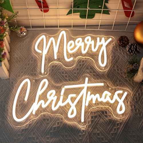 26 Inches Large Merry Christmas Neon Sign, Warm White Acrylic Neon Signs for Wall Decor, USB Powered Dimmable LED Lights for Bedroom Window Xmas Eve New Year Party Decor