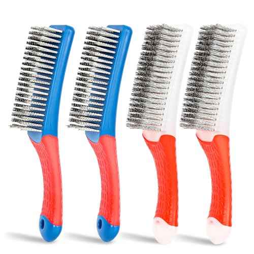 4 Pack Wire Brush for Rust Removal & Paint Removal, Heavy Duty Stainless Steel Wire Brushes for Cleaning, Metal Wire Brush with Rubber Handle