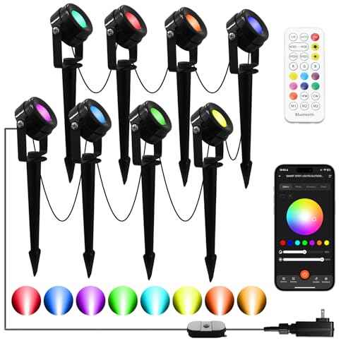 Smart RGBW Spot Lights Outdoor, 8 Pack Low Voltage Landscape Lighting with APP & Remote control, IP65 Waterproof and Timing, Color Changing Outdoor Spot Lights for Yard Halloween Christmas Spotlights