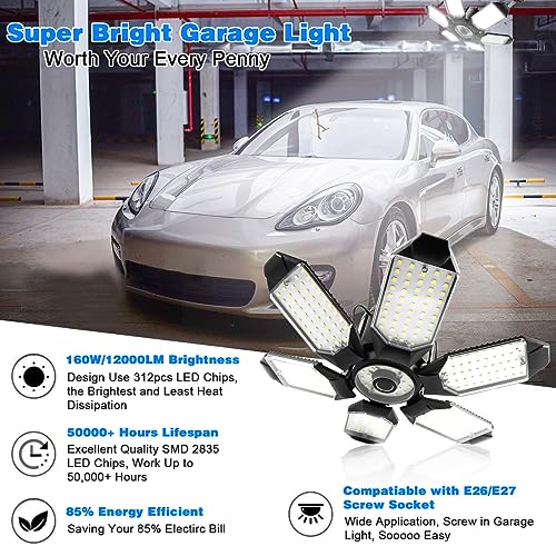POLARPRA 160W LED Garage Ceiling Lights 2 Pack, 32000LM Daylight 6500K, Adjustable Panels
