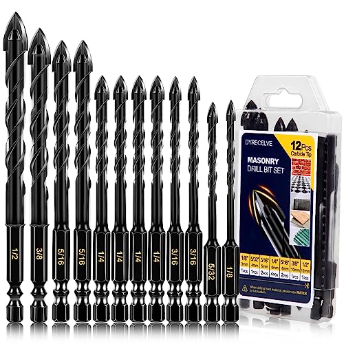 12-PCS Concrete & Masonry Drill Bit Set, Cement Drill Bits for Concrete Brick Wall, Tile Glass Ceramic, Masonry Drill Bit 1/8 to 1/2 inch Industrial Strength Carbide Cross Drill Bit Tip
